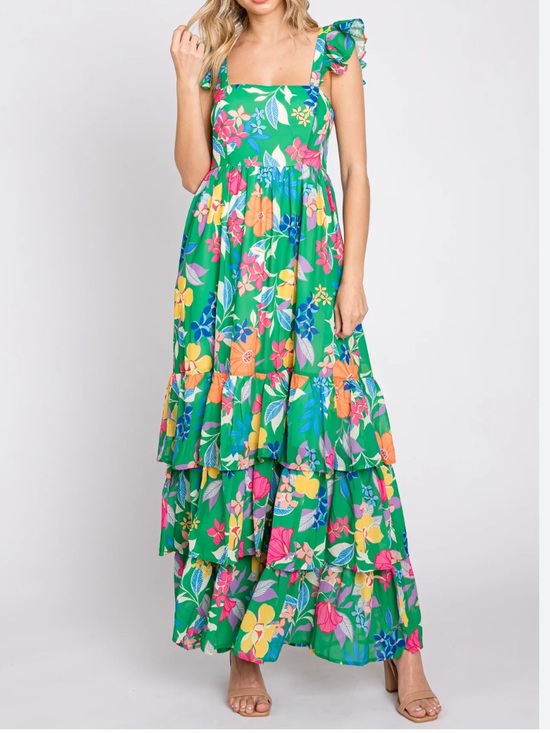 Flying Tomato Dresses & Skirts - Flying Tomato Green Floral Ruffle Maxi Dress with Multicolor Floral Print